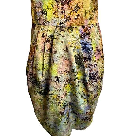 McGinn Womens Cocktail Dress Green Satin Strapless Watercolor 6 Pockets Pleated - Picture 3 of 11